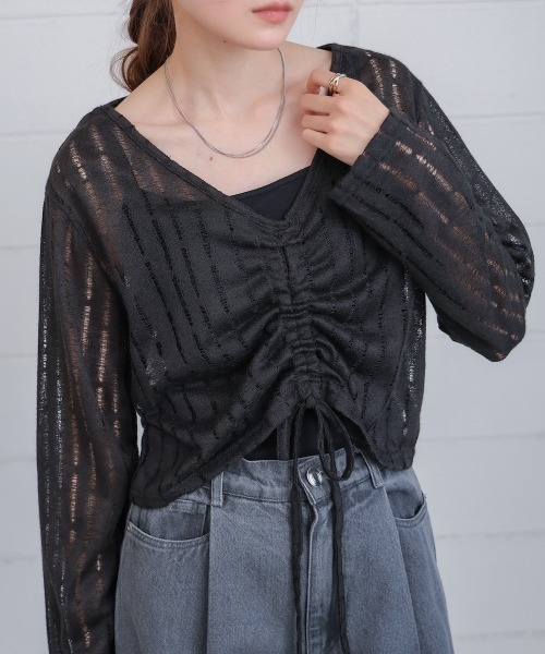 Bab(バブ)の「フロントシャーリングトップスインナーSET(Tシャツ/カットソー・レディース・ブラック/アイボリー/ベージュ・M)」の2枚目の写真