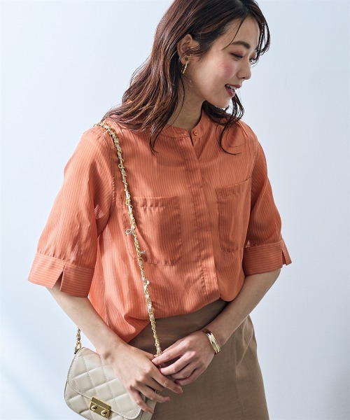 SMILE LAND(スマイルランド)の「ストライプ柄シアーシャツ<大きいサイズ有>【OtonaSMILE】(シャツ/ブラウス・レディース・テラコッタ/サックスブルー・4L/5L/LL/L/M/3L)」の1枚目の写真