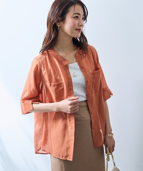 SMILE LAND(スマイルランド)の「ストライプ柄シアーシャツ<大きいサイズ有>【OtonaSMILE】(シャツ/ブラウス・レディース・テラコッタ/サックスブルー・4L/5L/LL/L/M/3L)」の5枚目の写真