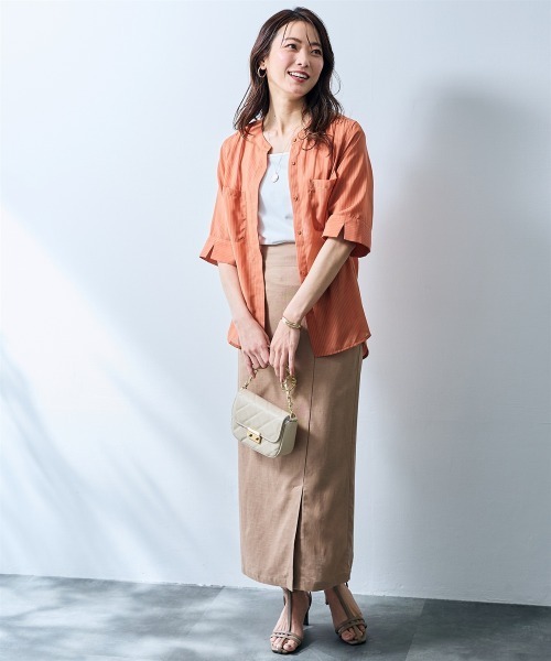 SMILE LAND(スマイルランド)の「ストライプ柄シアーシャツ<大きいサイズ有>【OtonaSMILE】(シャツ/ブラウス・レディース・テラコッタ/サックスブルー・4L/5L/LL/L/M/3L)」の8枚目の写真