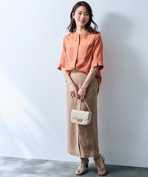SMILE LAND(スマイルランド)の「ストライプ柄シアーシャツ<大きいサイズ有>【OtonaSMILE】(シャツ/ブラウス・レディース・テラコッタ/サックスブルー・4L/5L/LL/L/M/3L)」の9枚目の写真
