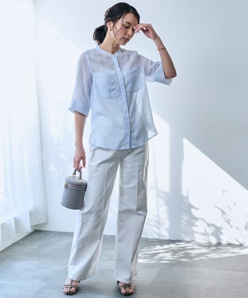SMILE LAND(スマイルランド)の「ストライプ柄シアーシャツ<大きいサイズ有>【OtonaSMILE】(シャツ/ブラウス・レディース・テラコッタ/サックスブルー・4L/5L/LL/L/M/3L)」の10枚目の写真