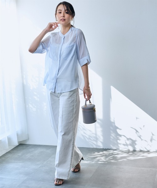 SMILE LAND(スマイルランド)の「ストライプ柄シアーシャツ<大きいサイズ有>【OtonaSMILE】(シャツ/ブラウス・レディース・テラコッタ/サックスブルー・4L/5L/LL/L/M/3L)」の11枚目の写真