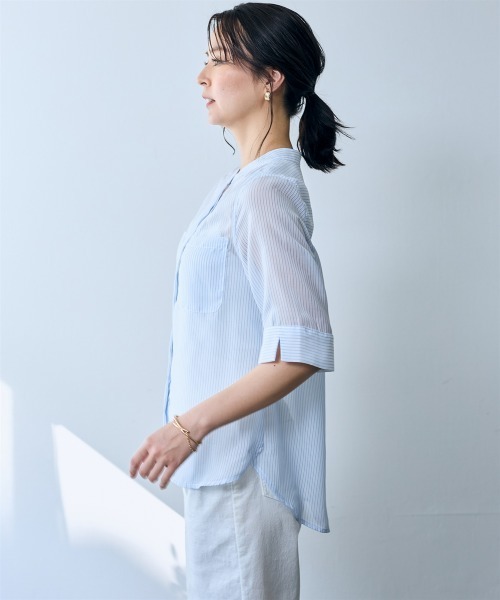 SMILE LAND(スマイルランド)の「ストライプ柄シアーシャツ<大きいサイズ有>【OtonaSMILE】(シャツ/ブラウス・レディース・テラコッタ/サックスブルー・4L/5L/LL/L/M/3L)」の17枚目の写真