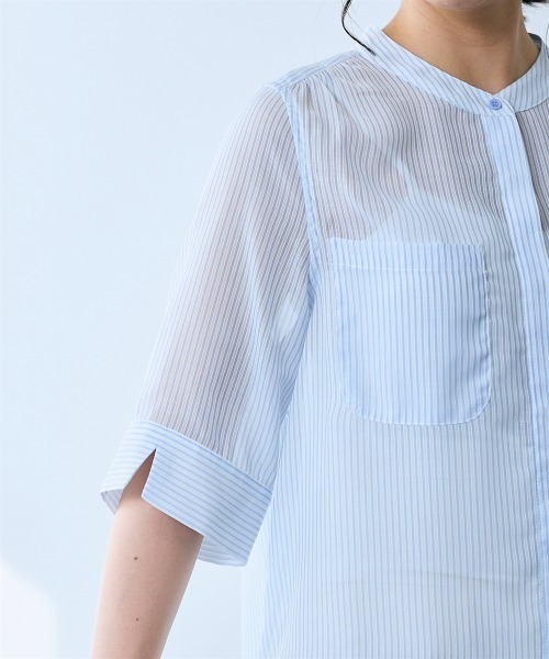 SMILE LAND(スマイルランド)の「ストライプ柄シアーシャツ<大きいサイズ有>【OtonaSMILE】(シャツ/ブラウス・レディース・テラコッタ/サックスブルー・4L/5L/LL/L/M/3L)」の13枚目の写真