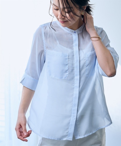 SMILE LAND(スマイルランド)の「ストライプ柄シアーシャツ<大きいサイズ有>【OtonaSMILE】(シャツ/ブラウス・レディース・テラコッタ/サックスブルー・4L/5L/LL/L/M/3L)」の16枚目の写真
