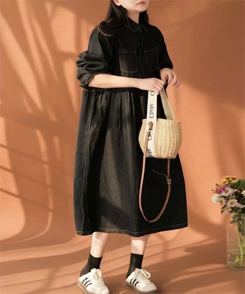 FREE STYLISTS(フリー スタイリスト)の「デニムシャツワンピース(シャツワンピース・レディース・ブラック・M/L/XL/2XL)」の5枚目の写真