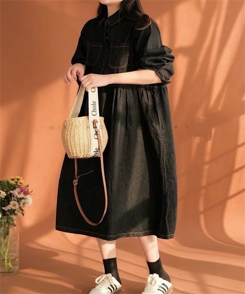 FREE STYLISTS(フリー スタイリスト)の「デニムシャツワンピース(シャツワンピース・レディース・ブラック・M/L/XL/2XL)」の4枚目の写真