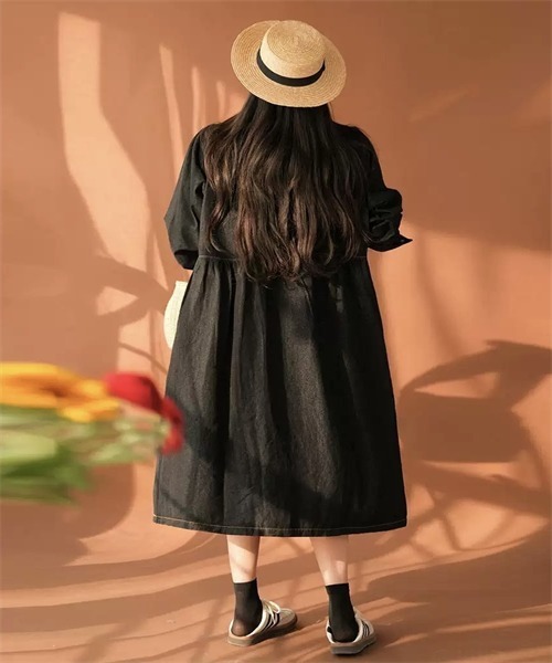 FREE STYLISTS(フリー スタイリスト)の「デニムシャツワンピース(シャツワンピース・レディース・ブラック・M/L/XL/2XL)」の6枚目の写真