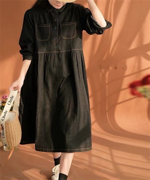 FREE STYLISTS(フリー スタイリスト)の「デニムシャツワンピース(シャツワンピース・レディース・ブラック・M/L/XL/2XL)」の3枚目の写真