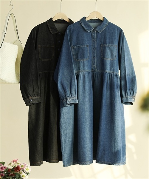 FREE STYLISTS(フリー スタイリスト)の「デニムシャツワンピース(シャツワンピース・レディース・ブラック・M/L/XL/2XL)」の7枚目の写真