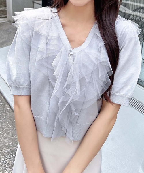 INGNI（イング）の「チュールフリル半袖ニットカーディガン（カーディガン/ボレロ・レディース・ピンク/オフホワイト/ブラック/サックスブルー・M）」の4枚目の写真