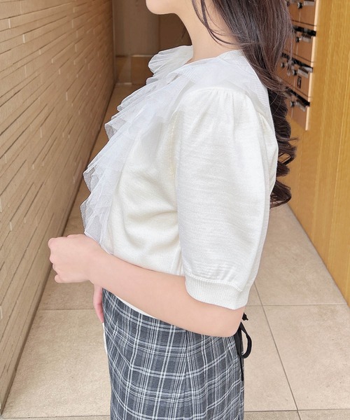 INGNI（イング）の「チュールフリル半袖ニットカーディガン（カーディガン/ボレロ・レディース・ピンク/オフホワイト/ブラック/サックスブルー・M）」の18枚目の写真