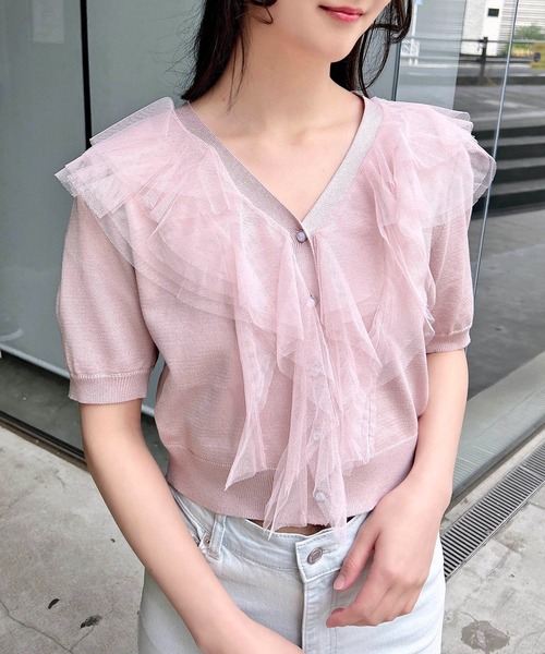 INGNI（イング）の「チュールフリル半袖ニットカーディガン（カーディガン/ボレロ・レディース・ピンク/オフホワイト/ブラック/サックスブルー・M）」の10枚目の写真