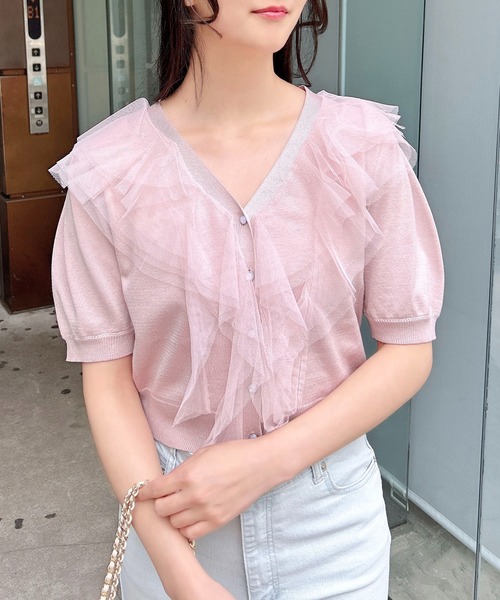 INGNI（イング）の「チュールフリル半袖ニットカーディガン（カーディガン/ボレロ・レディース・ピンク/オフホワイト/ブラック/サックスブルー・M）」の15枚目の写真