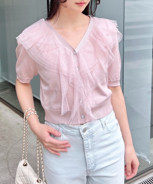 INGNI（イング）の「チュールフリル半袖ニットカーディガン（カーディガン/ボレロ・レディース・ピンク/オフホワイト/ブラック/サックスブルー・M）」の20枚目の写真