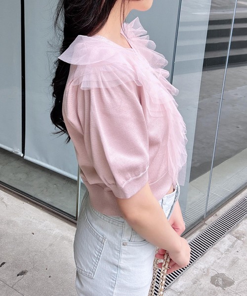 INGNI（イング）の「チュールフリル半袖ニットカーディガン（カーディガン/ボレロ・レディース・ピンク/オフホワイト/ブラック/サックスブルー・M）」の22枚目の写真