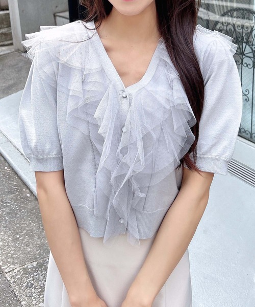 INGNI（イング）の「チュールフリル半袖ニットカーディガン（カーディガン/ボレロ・レディース・ピンク/オフホワイト/ブラック/サックスブルー・M）」の13枚目の写真