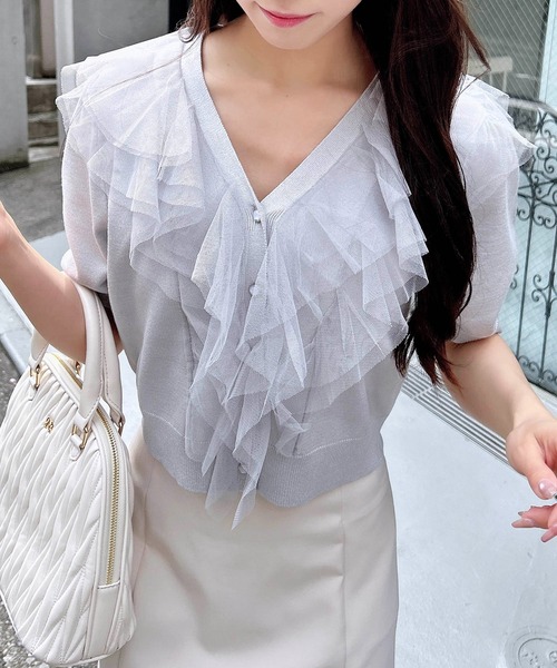 INGNI（イング）の「チュールフリル半袖ニットカーディガン（カーディガン/ボレロ・レディース・ピンク/オフホワイト/ブラック/サックスブルー・M）」の17枚目の写真