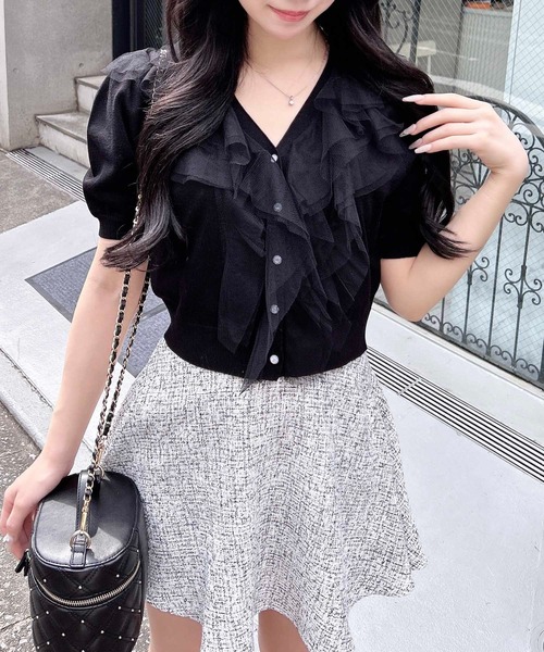 INGNI（イング）の「チュールフリル半袖ニットカーディガン（カーディガン/ボレロ・レディース・ピンク/オフホワイト/ブラック/サックスブルー・M）」の8枚目の写真