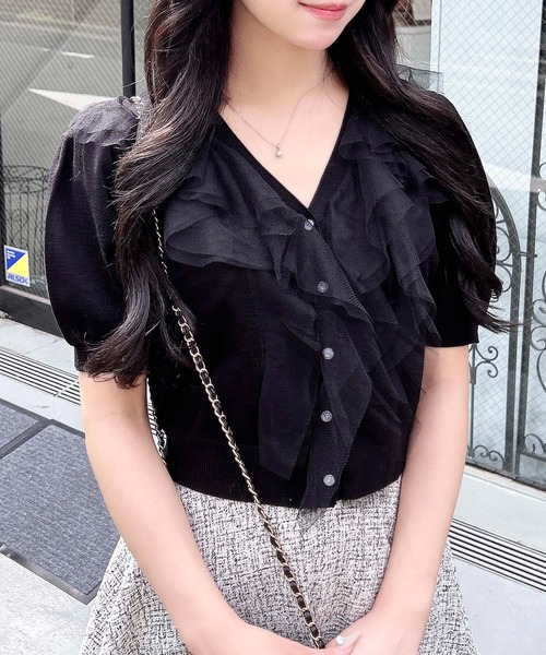 INGNI（イング）の「チュールフリル半袖ニットカーディガン（カーディガン/ボレロ・レディース・ピンク/オフホワイト/ブラック/サックスブルー・M）」の11枚目の写真