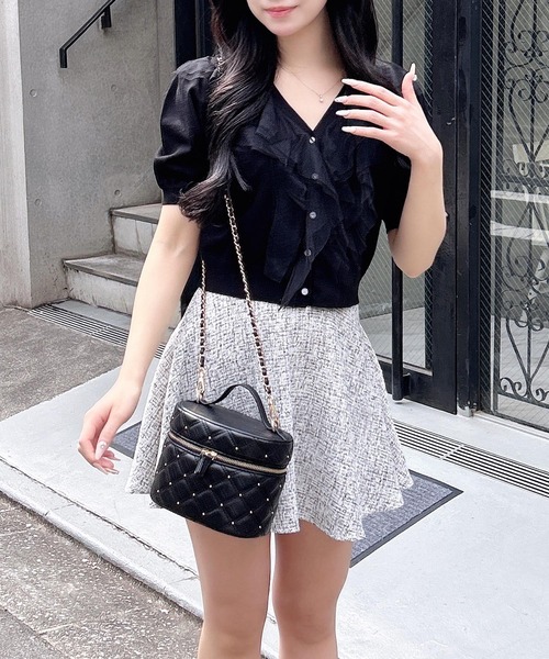 INGNI（イング）の「チュールフリル半袖ニットカーディガン（カーディガン/ボレロ・レディース・ピンク/オフホワイト/ブラック/サックスブルー・M）」の6枚目の写真