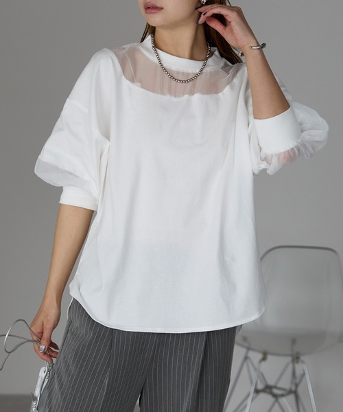 r.(アールドット)の「オーガンジー切替Tシャツ(Tシャツ/カットソー・レディース・モカ/ブルー/オフホワイト/ブラック・FREE)」の1枚目の写真