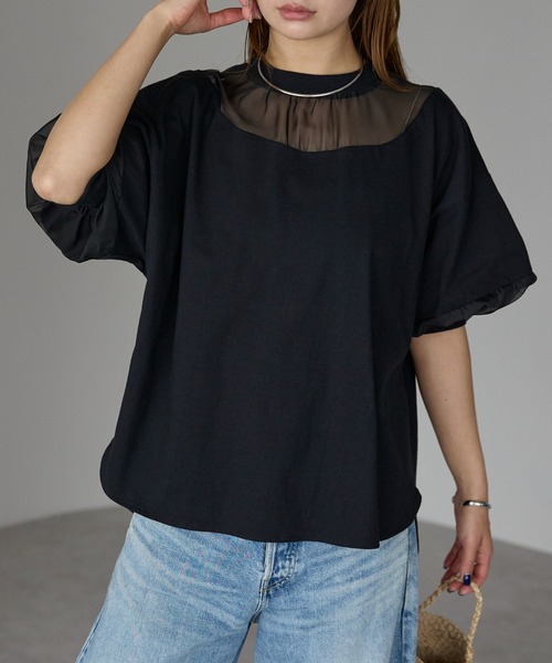 r.(アールドット)の「オーガンジー切替Tシャツ(Tシャツ/カットソー・レディース・モカ/ブルー/オフホワイト/ブラック・FREE)」の2枚目の写真