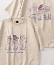 【85】フロント＆バック イヌネコ  イラスト カットスウェード 半袖 Tシャツ オーバーサイズ