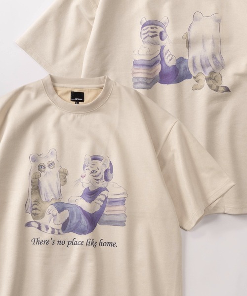 SlashDate（スラッシュデイト）の「【85】フロント＆バック イヌネコ  イラスト カットスウェード 半袖 Tシャツ オーバーサイズ（Tシャツ/カットソー・メンズ・グレー/オフホワイト/アイボリー/ミント・M/L）」の15枚目の写真