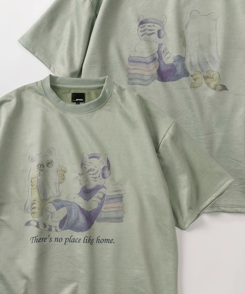 SlashDate（スラッシュデイト）の「【85】フロント＆バック イヌネコ  イラスト カットスウェード 半袖 Tシャツ オーバーサイズ（Tシャツ/カットソー・メンズ・グレー/オフホワイト/アイボリー/ミント・M/L）」の14枚目の写真
