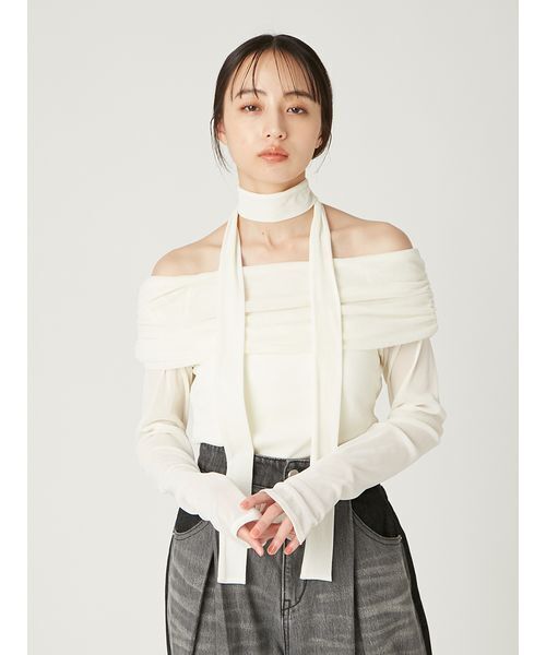 セール】オフショルフロッキーチュールトップス（Tシャツ/カットソー