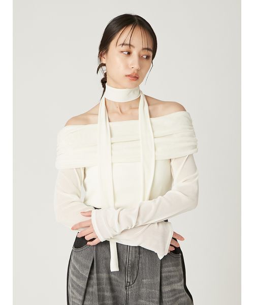 FRAY I.D オフショルフロッキーチュールトップス オフショルフロッキーチュールトップス（Tシャツ/カットソー）｜FRAY