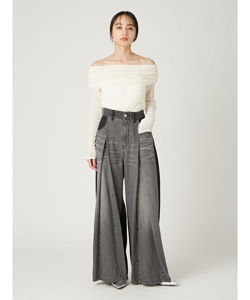 セール】オフショルフロッキーチュールトップス（Tシャツ/カットソー