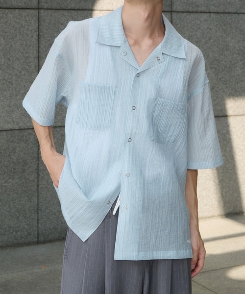 Perushu（ペルーシュ）の「オープンカラー楊柳ドットボタンシアーシャツ（シャツ/ブラウス・メンズ・アイボリー/ブラック/ブルー・MEDIUM/LARGE）」の19枚目の写真