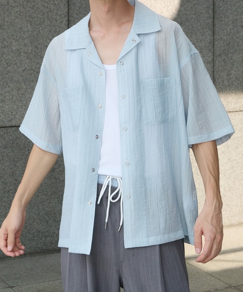 Perushu（ペルーシュ）の「オープンカラー楊柳ドットボタンシアーシャツ（シャツ/ブラウス・メンズ・アイボリー/ブラック/ブルー・MEDIUM/LARGE）」の17枚目の写真