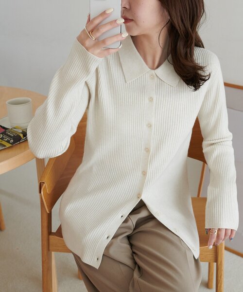 DISCOAT（ディスコート）の「モチモチリブ衿付前ボタンプルオーバー《WEB限定カラーあり》（ニット/セーター・レディース・ネイビー/ピンク/レッド/グレー/チャコールグレー/アイボリー/ブラック・FREE）」の2枚目の写真