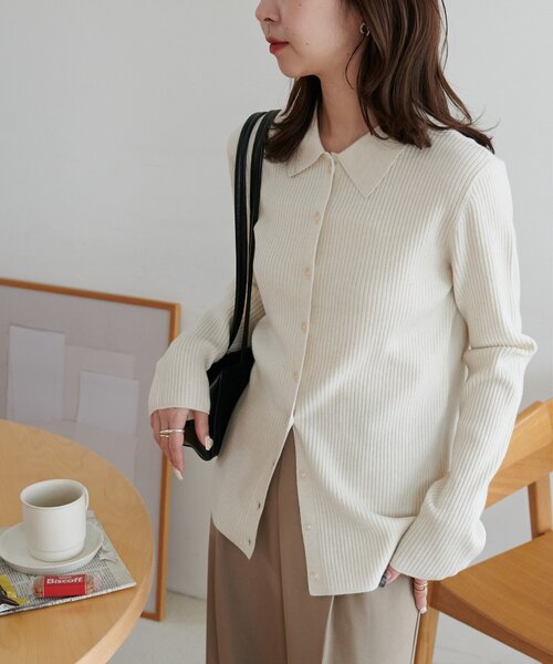 DISCOAT（ディスコート）の「モチモチリブ衿付前ボタンプルオーバー《WEB限定カラーあり》（ニット/セーター・レディース・ネイビー/ピンク/レッド/グレー/チャコールグレー/アイボリー/ブラック・FREE）」の9枚目の写真