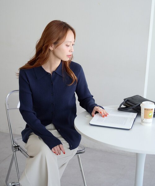 DISCOAT（ディスコート）の「モチモチリブ衿付前ボタンプルオーバー《WEB限定カラーあり》（ニット/セーター・レディース・ネイビー/ピンク/レッド/グレー/チャコールグレー/アイボリー/ブラック・FREE）」の13枚目の写真