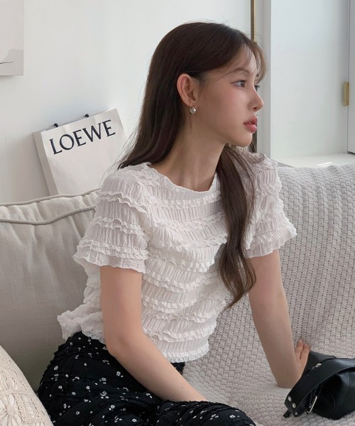 by muni:r（バイ ムニール）の「ラブリーシャーリングレースTシャツ（Tシャツ/カットソー・レディース・ホワイト/ピンク/ブラック・FREE）」の2枚目の写真