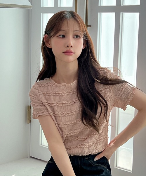by muni:r（バイ ムニール）の「ラブリーシャーリングレースTシャツ（Tシャツ/カットソー・レディース・ホワイト/ピンク/ブラック・FREE）」の3枚目の写真