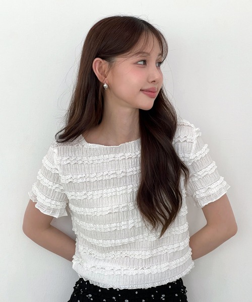 by muni:r（バイ ムニール）の「ラブリーシャーリングレースTシャツ（Tシャツ/カットソー・レディース・ホワイト/ピンク/ブラック・FREE）」の5枚目の写真