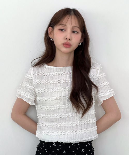 by muni:r（バイ ムニール）の「ラブリーシャーリングレースTシャツ（Tシャツ/カットソー・レディース・ホワイト/ピンク/ブラック・FREE）」の4枚目の写真