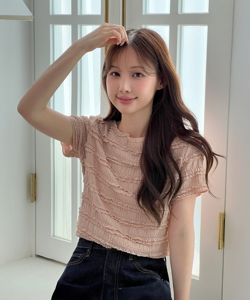 by muni:r（バイ ムニール）の「ラブリーシャーリングレースTシャツ（Tシャツ/カットソー・レディース・ホワイト/ピンク/ブラック・FREE）」の15枚目の写真
