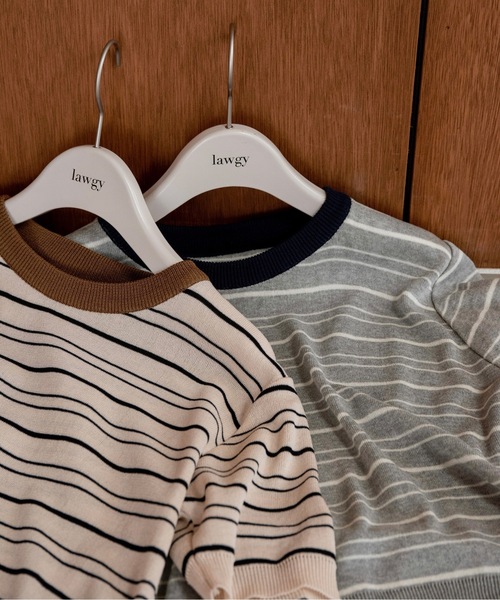 lawgy（ラウジー）の「random border rafu tops / ランダムボーダーラフトップス（Tシャツ/カットソー・レディース・ベージュ/グレー・FREE）」の3枚目の写真