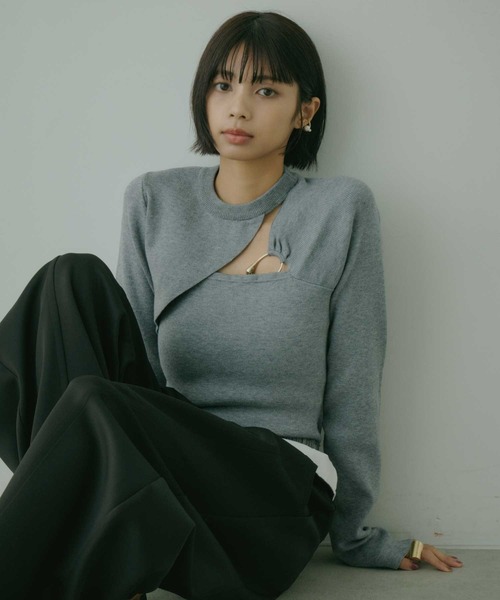 VIOLETTA（ヴィオレッタ）の「アシンメトリーデザインスリットニットトップス（ニット/セーター・レディース・ミント/グレー/オフホワイト/ブラック・FREE）」の15枚目の写真