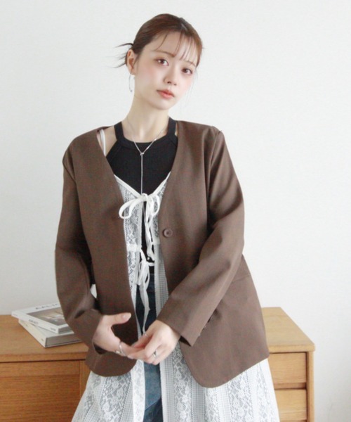 Eclat one（エクラワン）の「【Eclat one】ノーカラー シングル ジャケット（ノーカラージャケット・レディース・グレー/ブラウン/ベージュ・FREE）」の17枚目の写真