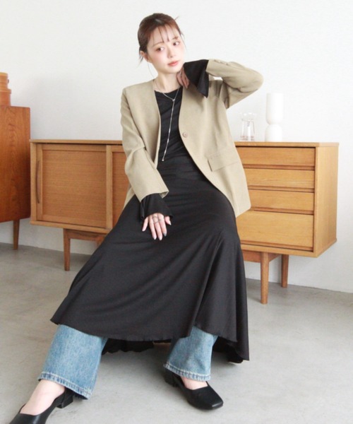 Eclat one（エクラワン）の「【Eclat one】ノーカラー シングル ジャケット（ノーカラージャケット・レディース・グレー/ブラウン/ベージュ・FREE）」の18枚目の写真