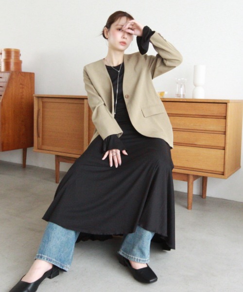 Eclat one（エクラワン）の「【Eclat one】ノーカラー シングル ジャケット（ノーカラージャケット・レディース・グレー/ブラウン/ベージュ・FREE）」の14枚目の写真