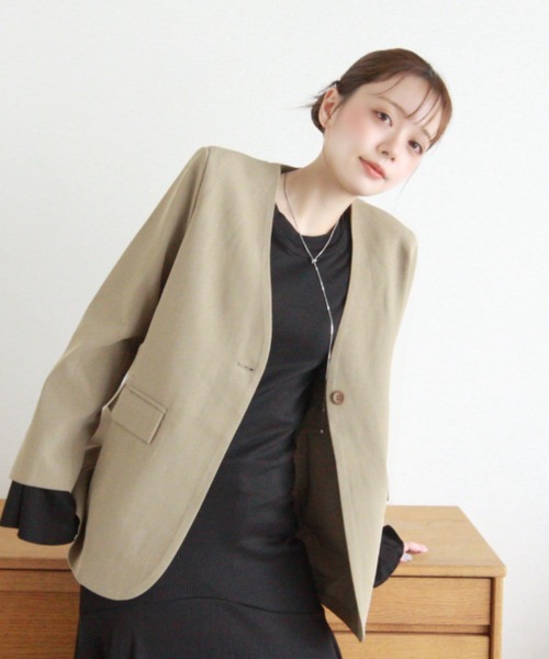 Eclat one（エクラワン）の「【Eclat one】ノーカラー シングル ジャケット（ノーカラージャケット・レディース・グレー/ブラウン/ベージュ・FREE）」の21枚目の写真